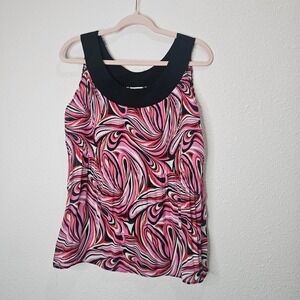Cato‎ Womens Blouse Sleeveless Tank Top Pink Black Pleated Semi Sheer Size L